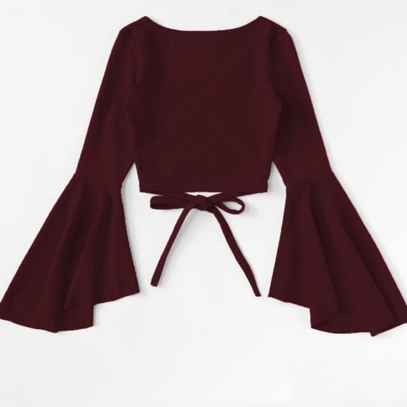 Elegant Large Burgundy Cropped V-neck Bell Sleeves Wrap Top with Tie from SHEIN - Picture 3 of 6